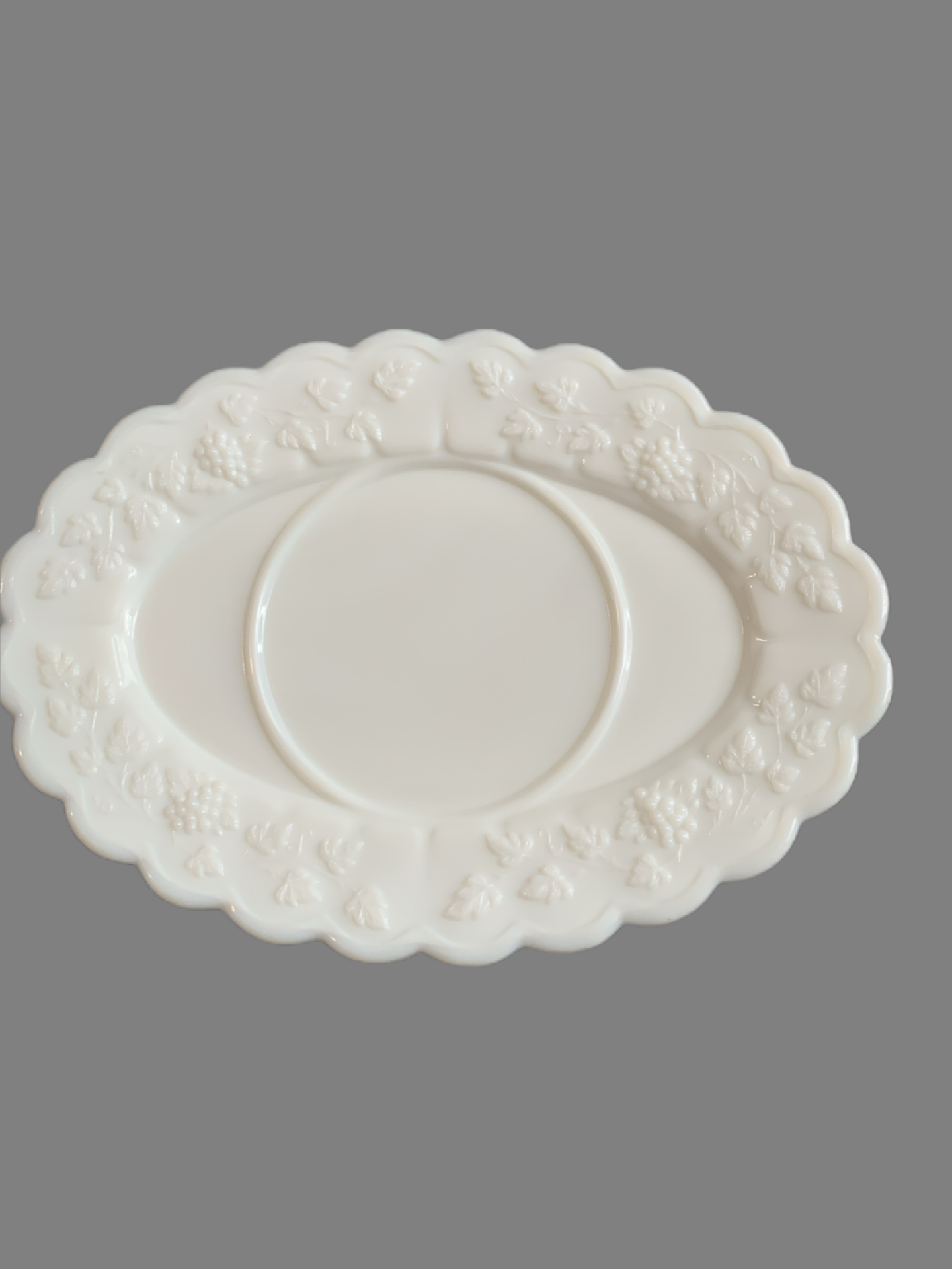 Westmoreland Milk Glass Grape Leaf Pattern Sugar Holder & Oval Gravy Boat Saucer 9.25"
