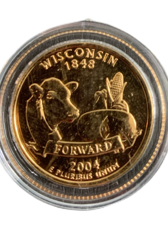 Gold Plated Wisconsin 2004 Quarter Denver Mint Encased in Plastic Case