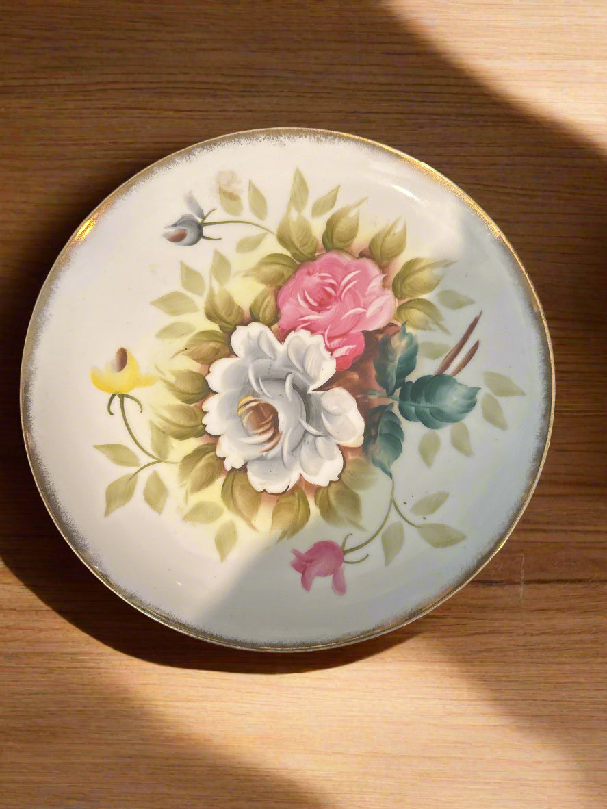 Lenwile Ardalt Cake Stand 2.5" Tall Floral White and Pink Roses Gold Trim 10" Wide