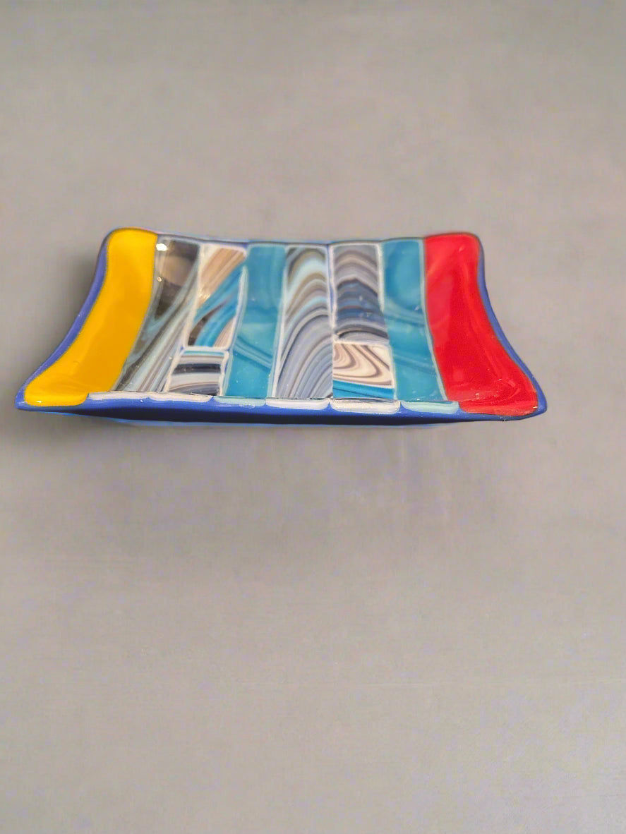 Fused Glass Beach Art Soap Dish Handmade 5 1/8" Long x 3.75" Wide