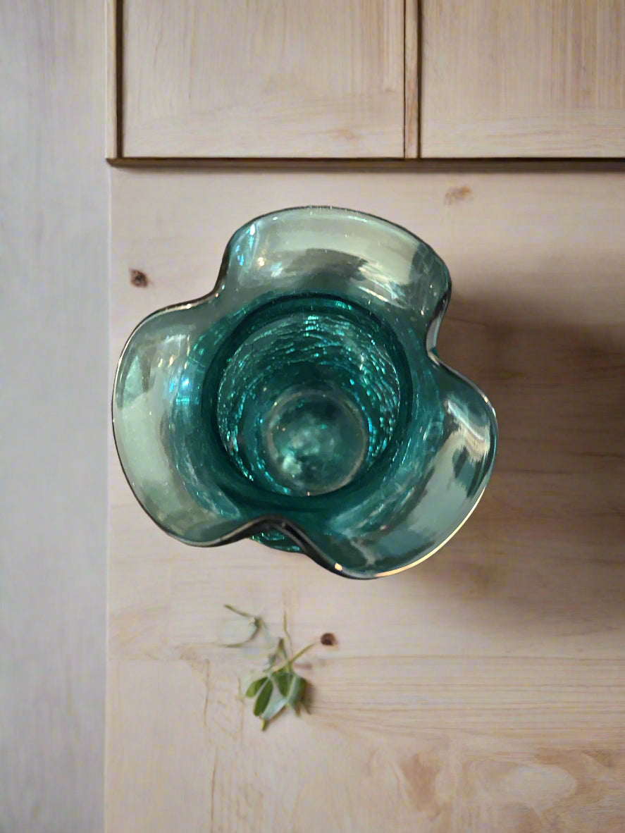 Vintage Pilgrim Blown Art Glass Teal Crackle Glass Vase Small 5" Tall 3.5" Across Top