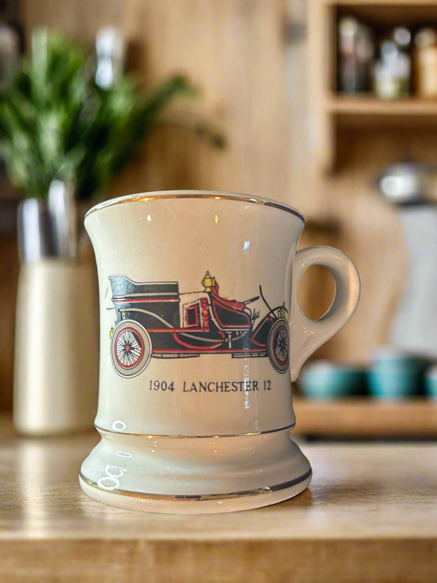 Vintage Mustache Saver Mug Cup White w/ Gold Trim - 1904 Lanchester 12 - 4" Tall