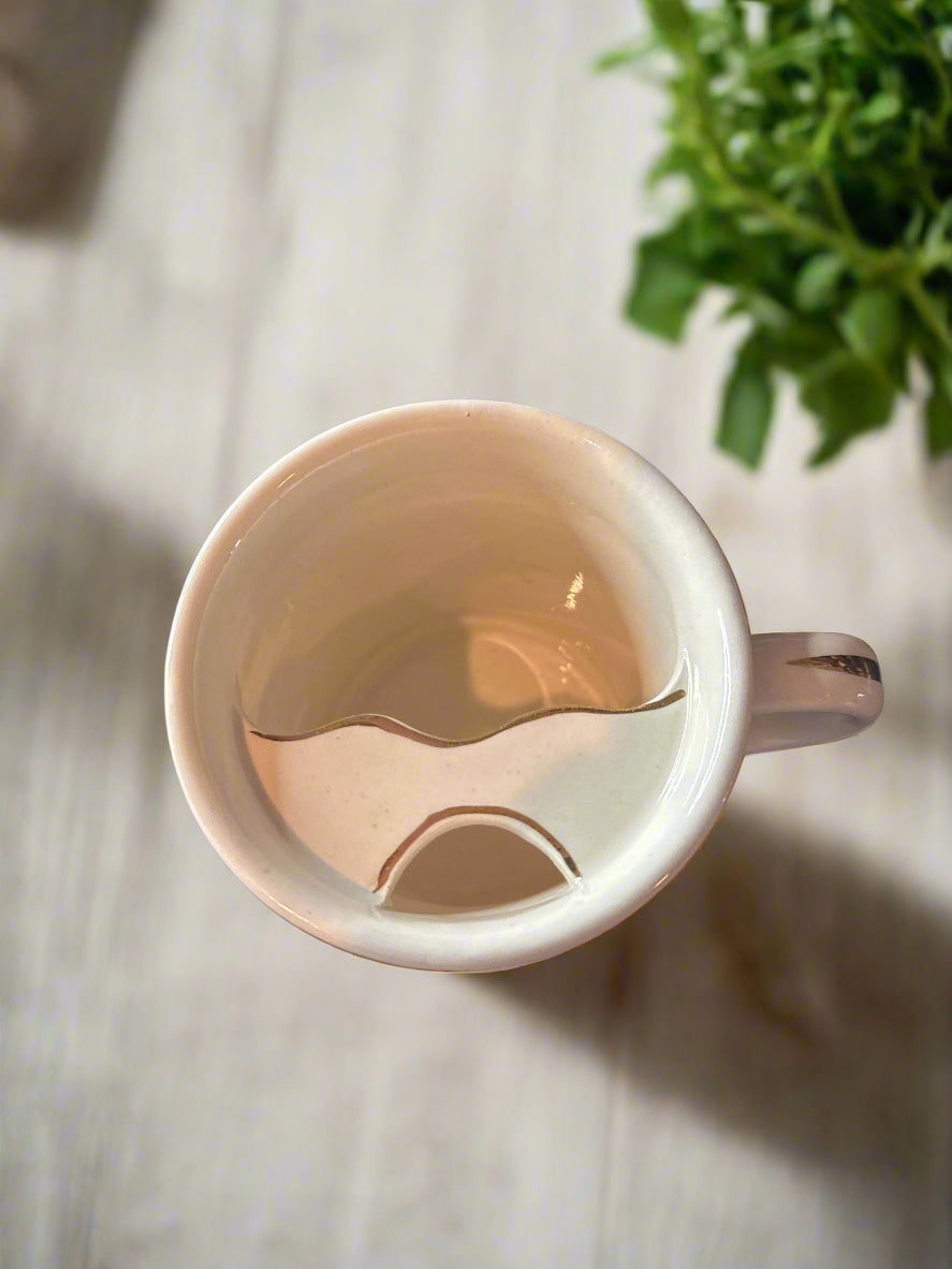Vintage Mustache Saver Mug Cup White w/ Gold Trim - 1904 Lanchester 12 - 4" Tall