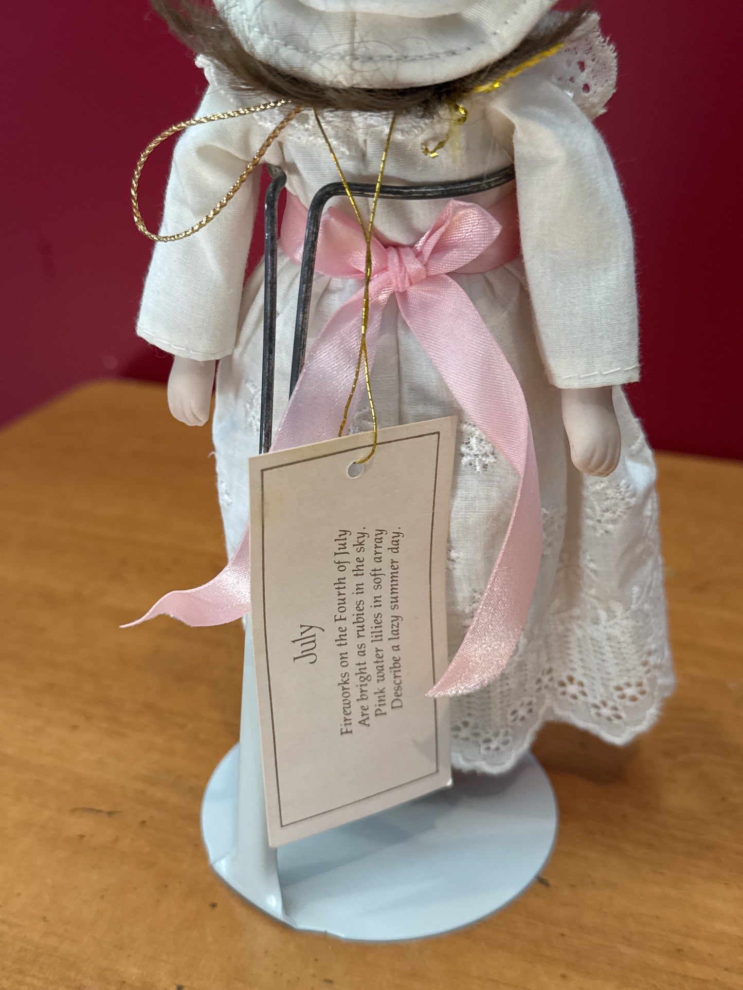 Gift World of Gorham Little Girl Brown Haired Porcelain Doll 7.5" With Stand