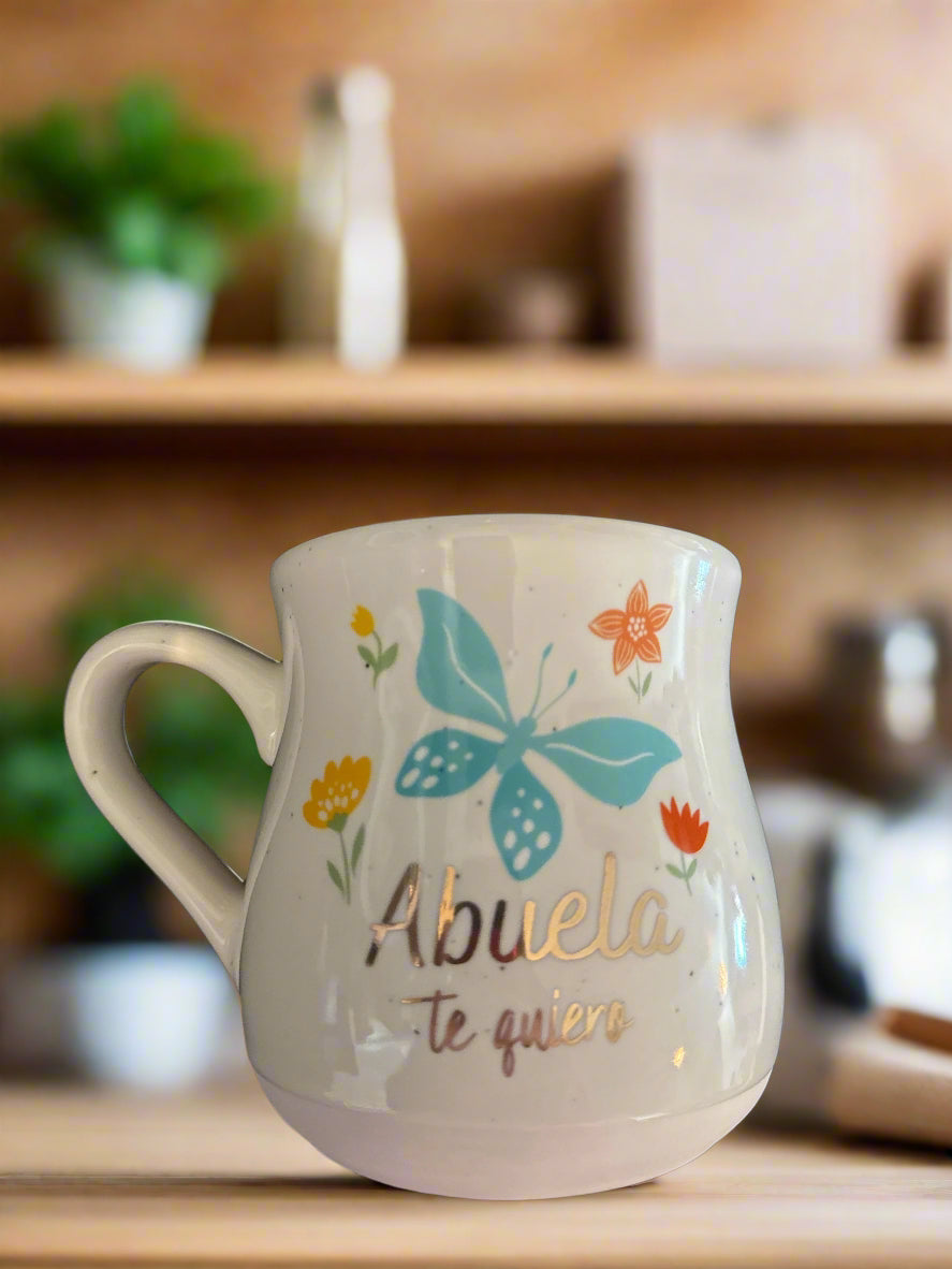 Abuela Te Quiero White Butterfly Pink Interior Coffee Cup Mug 4.25" Tall New