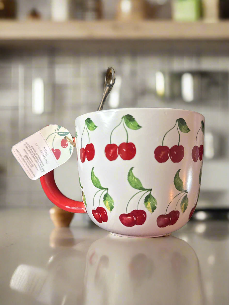 Homestead Living Large Cherry White Coffee Cup Mug 16oz New with Tags 3.75" Tall