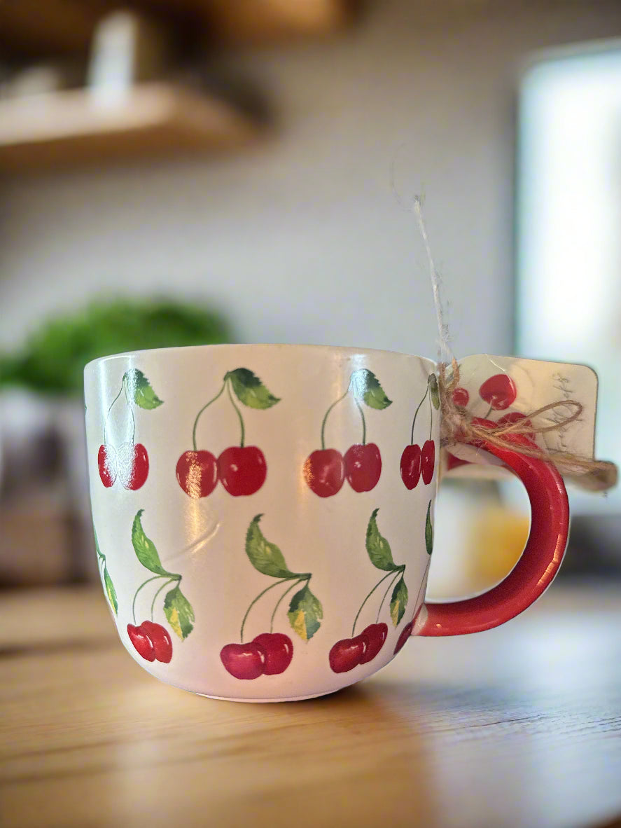 Homestead Living Large Cherry White Coffee Cup Mug 16oz New with Tags 3.75" Tall