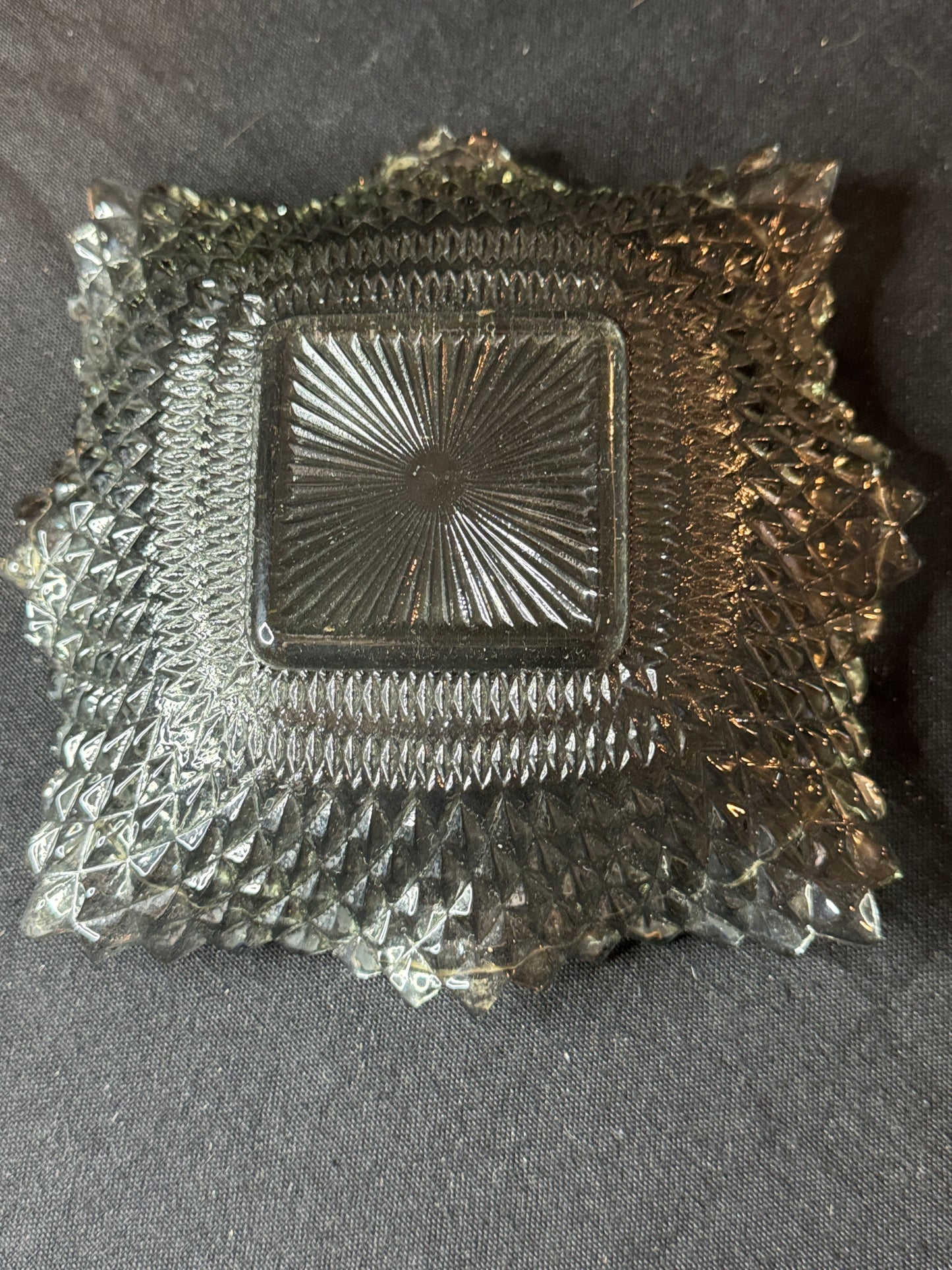Candy Dish, Indiana Glass, Fluted Glass Plate, Smokey Carnival Glass, Square Bowl