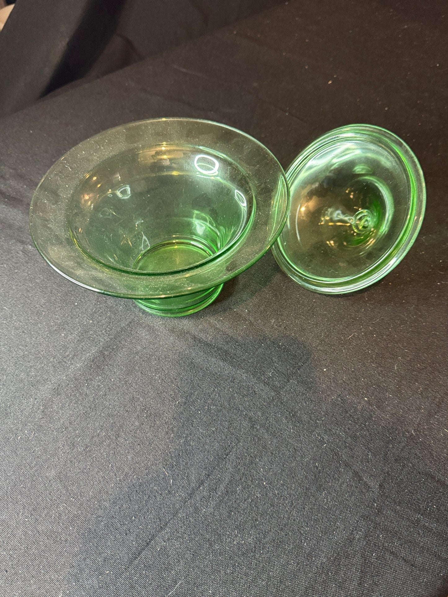 Uranium Fostoria Green Glass Candy Dish with Lid 7" Wide x 6.5" Tall RARE!