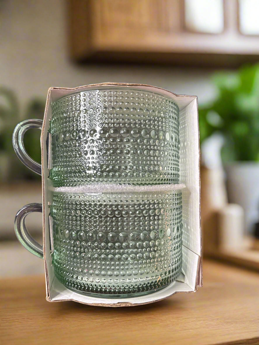Pair of 2 Glass Beaded Coffee Mugs Cups Stackable New in Box 3" Tall Each