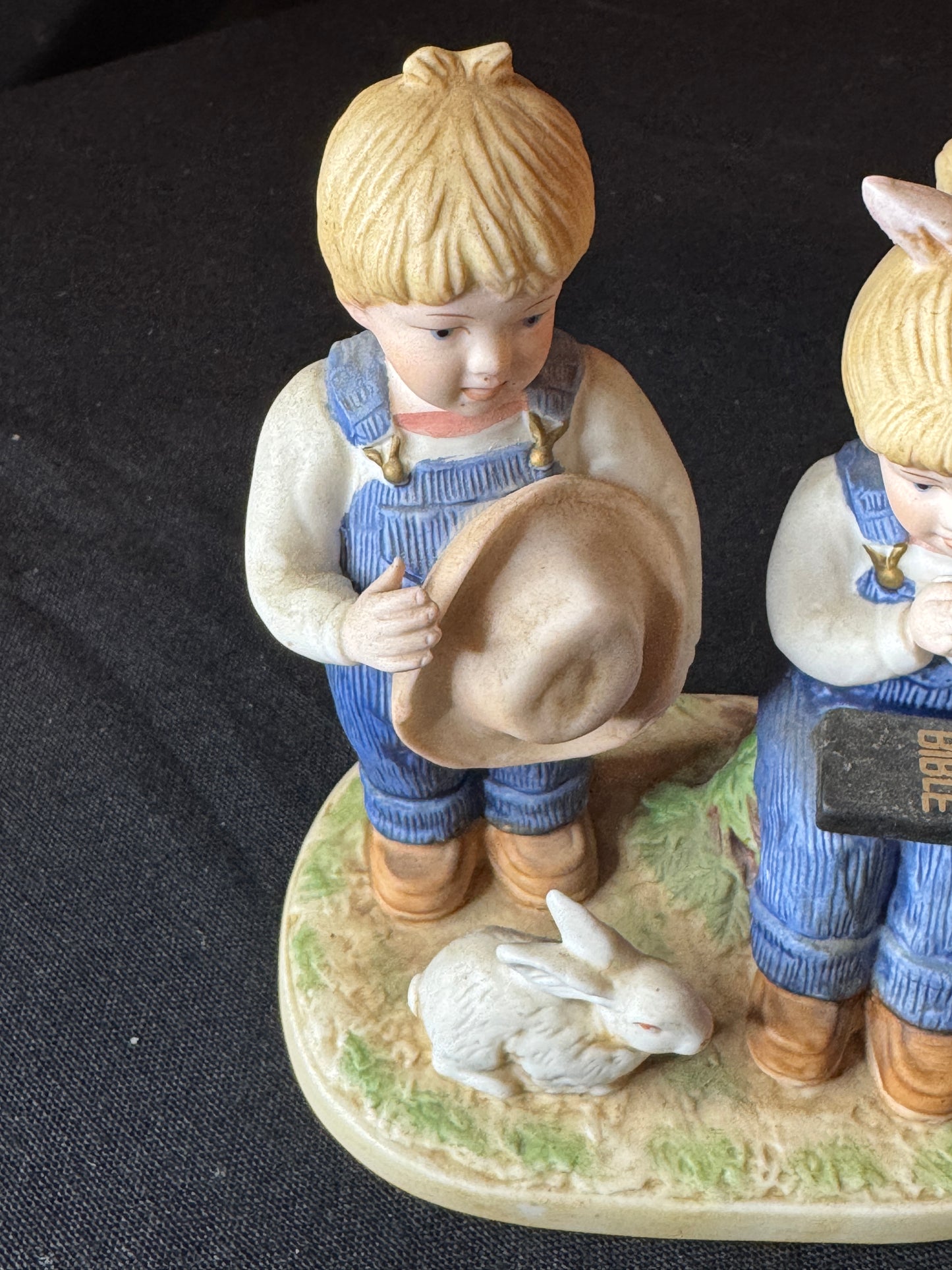 Homco Home Interiors 1985 Denim Days Girls with Bunny and Bible 5" Tall