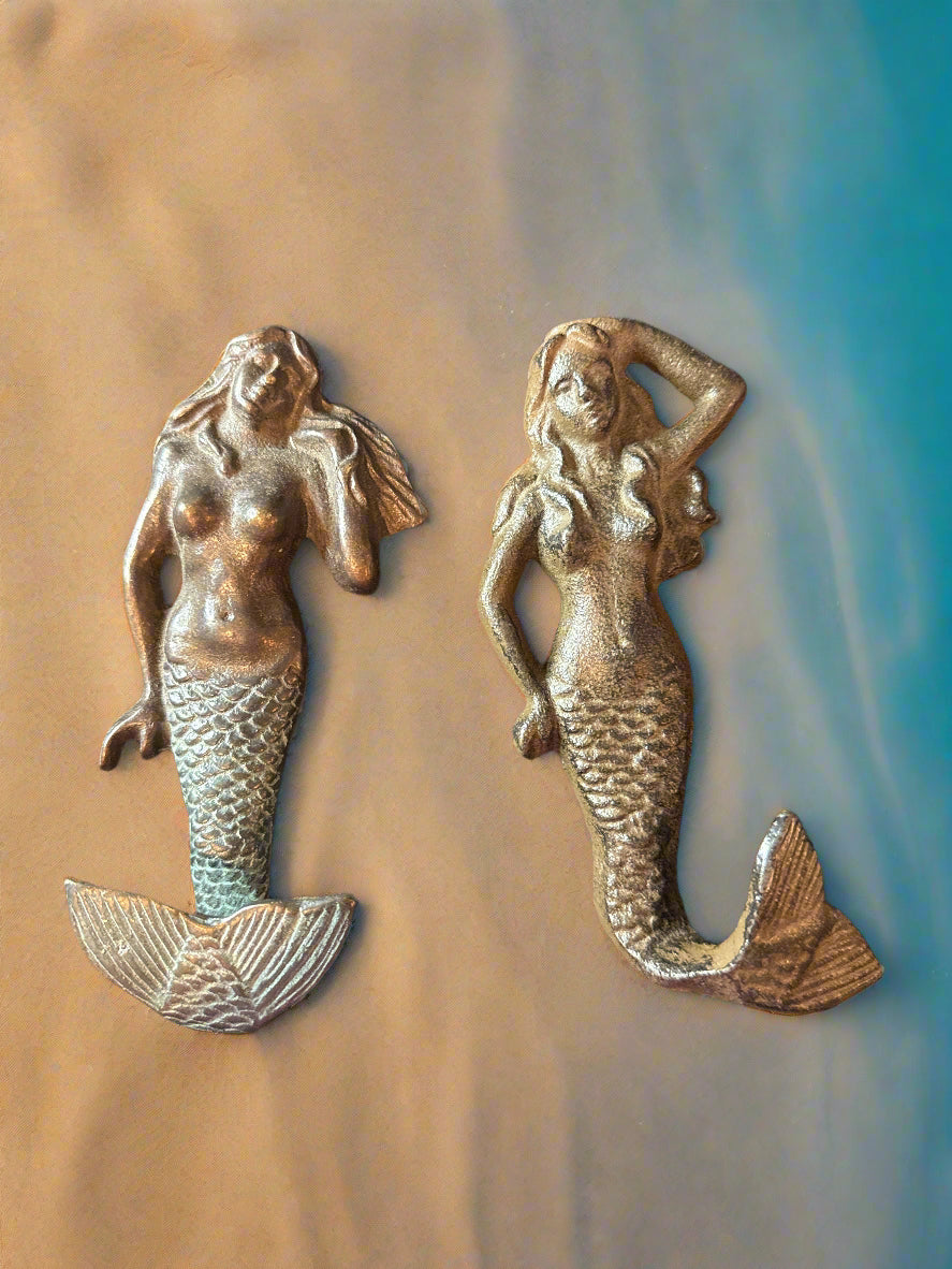 Pair of Cast Iron Mermaid Wall Hooks Both Approx. 6" Tall