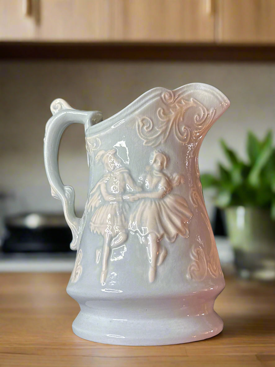 Porcelain Pitcher Dancing Couple Vintage No Markings 6.5" Tall
