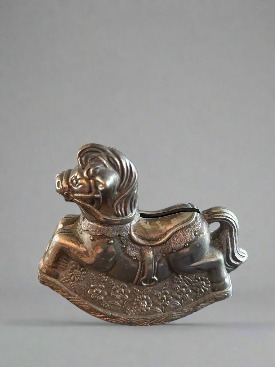 Vintage Silver Plated Rocking Horse Coin Piggy Bank Paper Weight Figure No Bottom