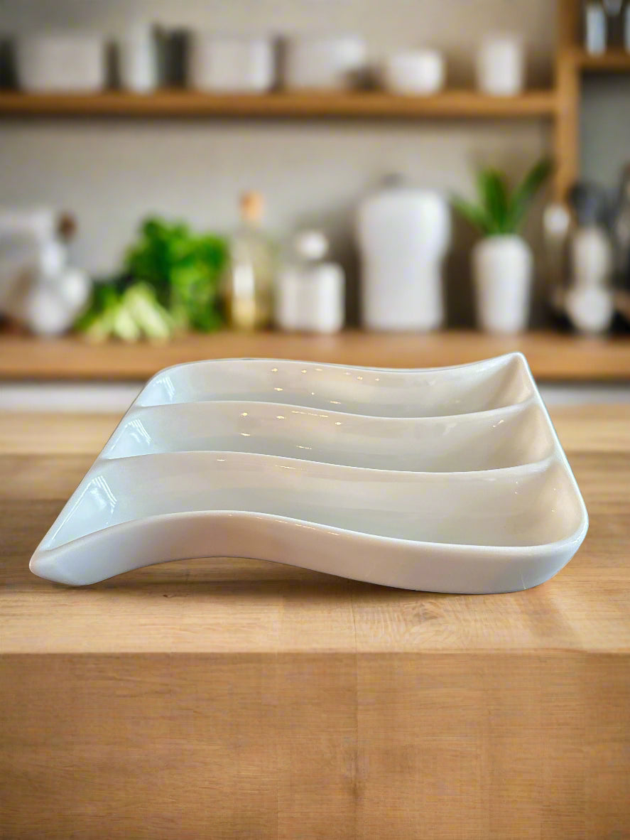 World Market Appetizer Dish Swirl Shape White Ceramic Divided