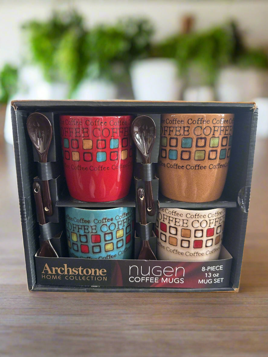 Archstone Home Collection Nugen Coffee Mugs 8 Piece Set of 4 Mugs 13oz 4 Spoons NIB