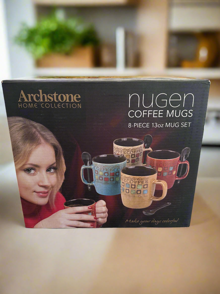 Archstone Home Collection Nugen Coffee Mugs 8 Piece Set of 4 Mugs 13oz 4 Spoons NIB