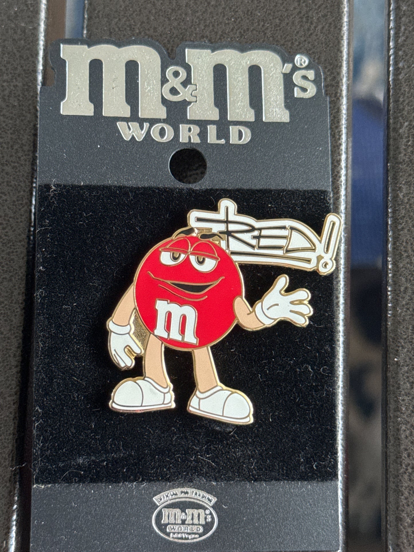 Red M&M World Lapel Pin New. Very Rare