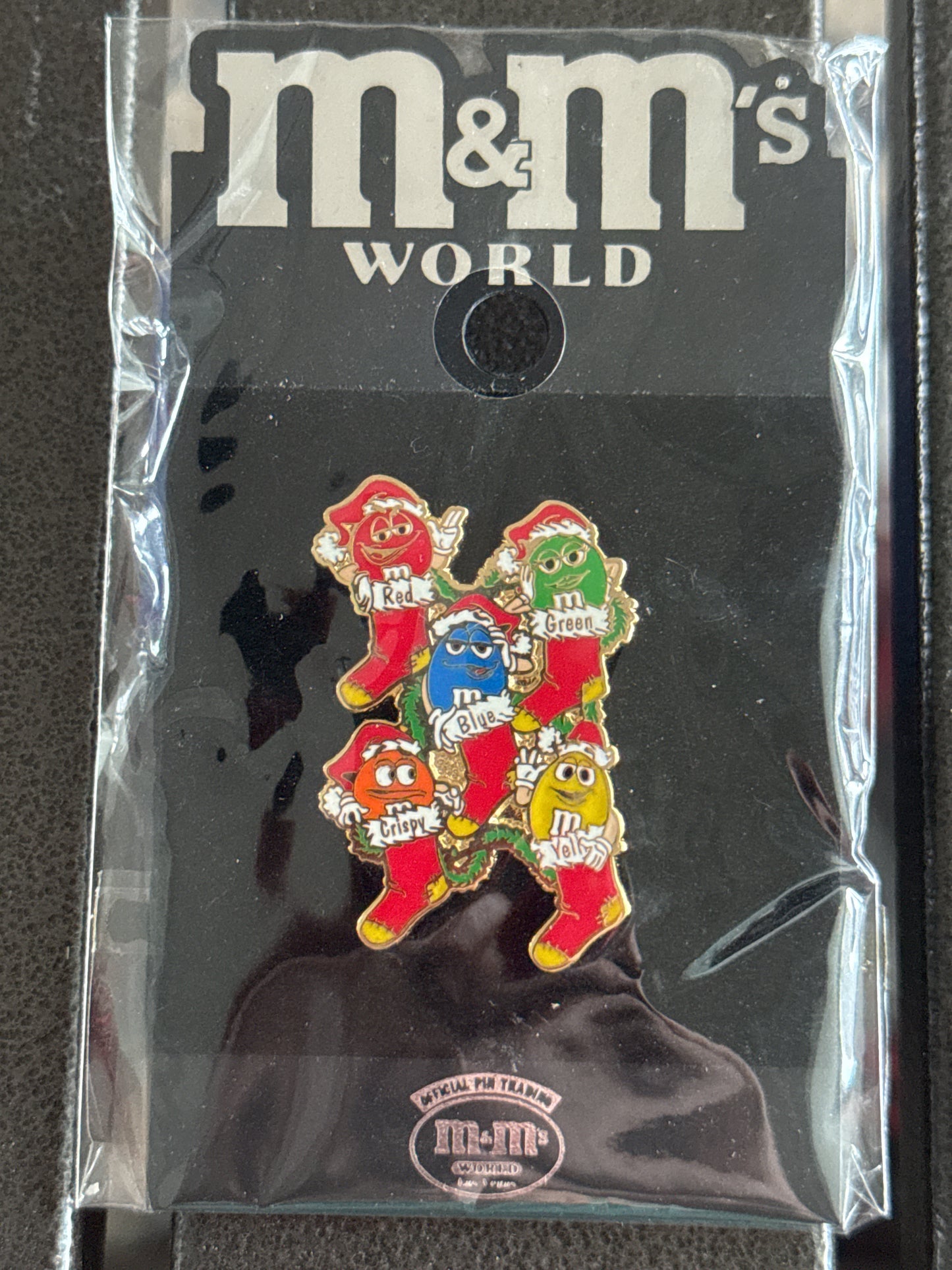 Five Colors Santa M&M World Lapel Pin New in Plastic. Very Rare