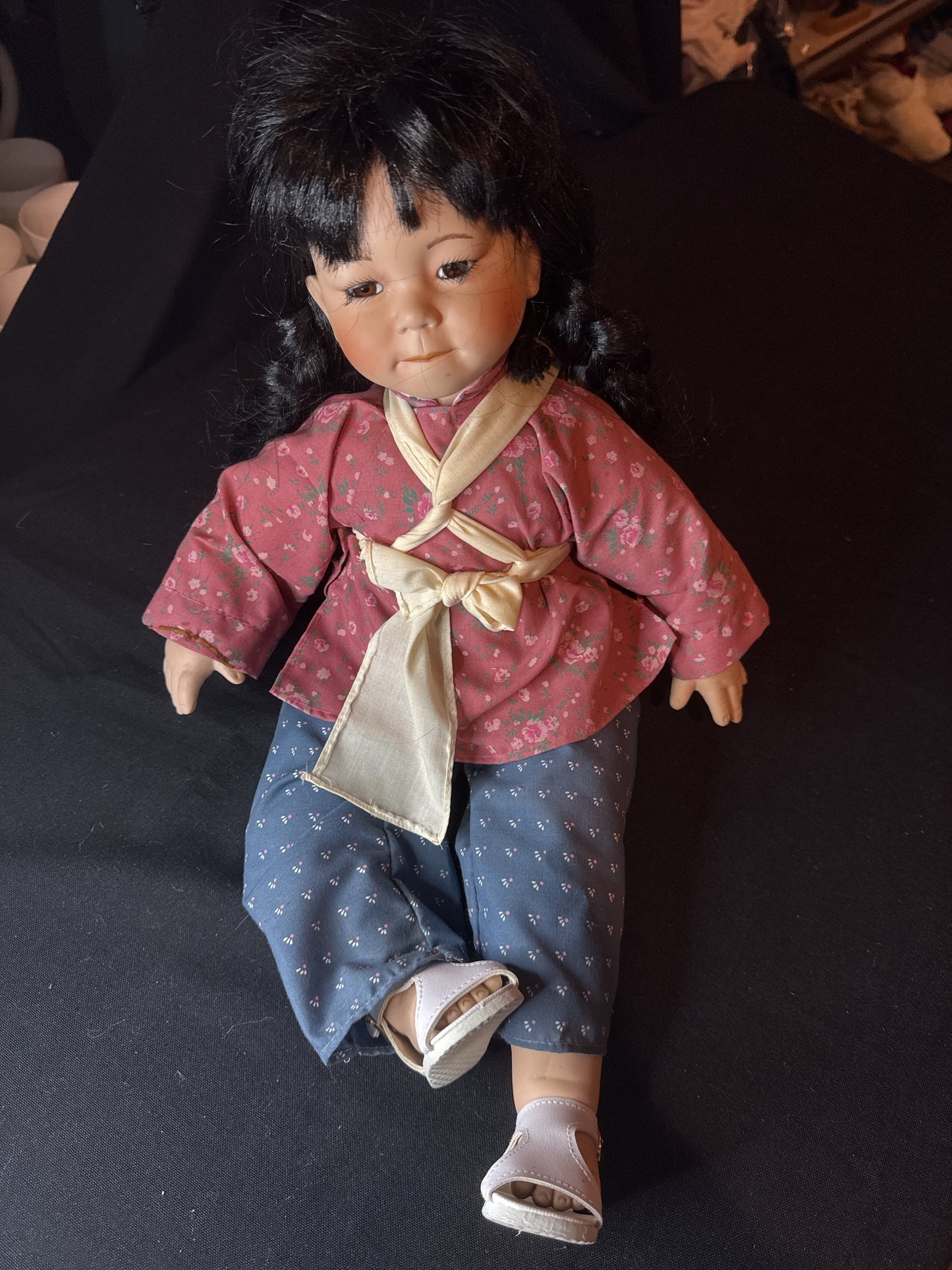 Asian Porcelain Doll with Baby Mei Mei Dynasty Doll 13" Tall 1989 With Shoes