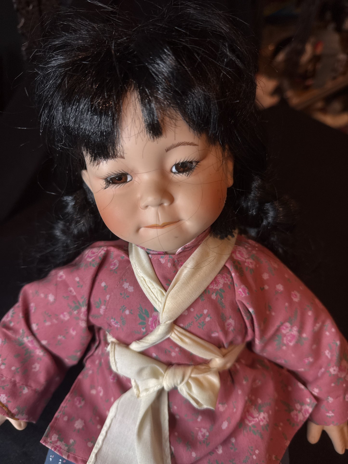Asian Porcelain Doll with Baby Mei Mei Dynasty Doll 13" Tall 1989 With Shoes