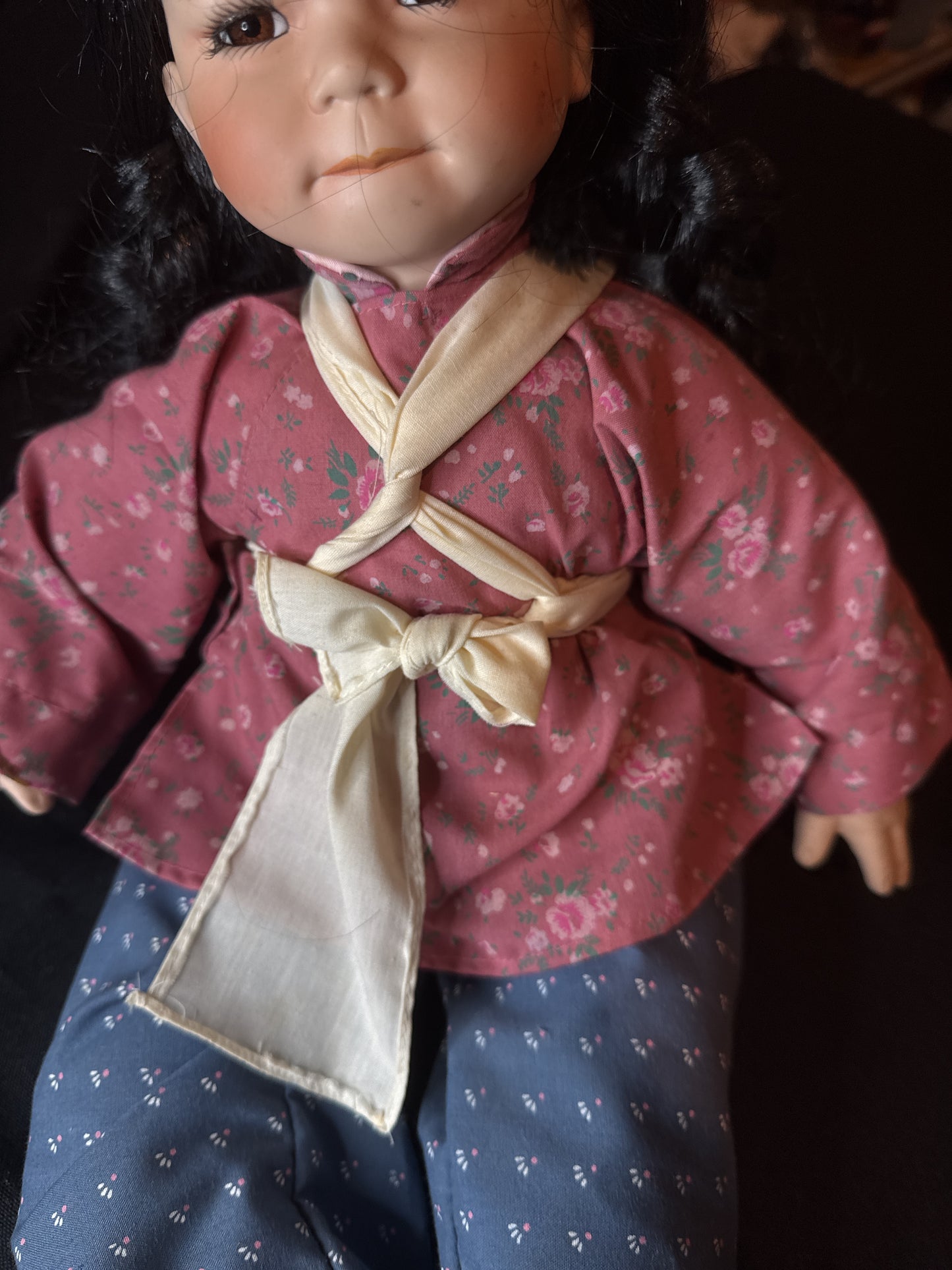 Asian Porcelain Doll with Baby Mei Mei Dynasty Doll 13" Tall 1989 With Shoes