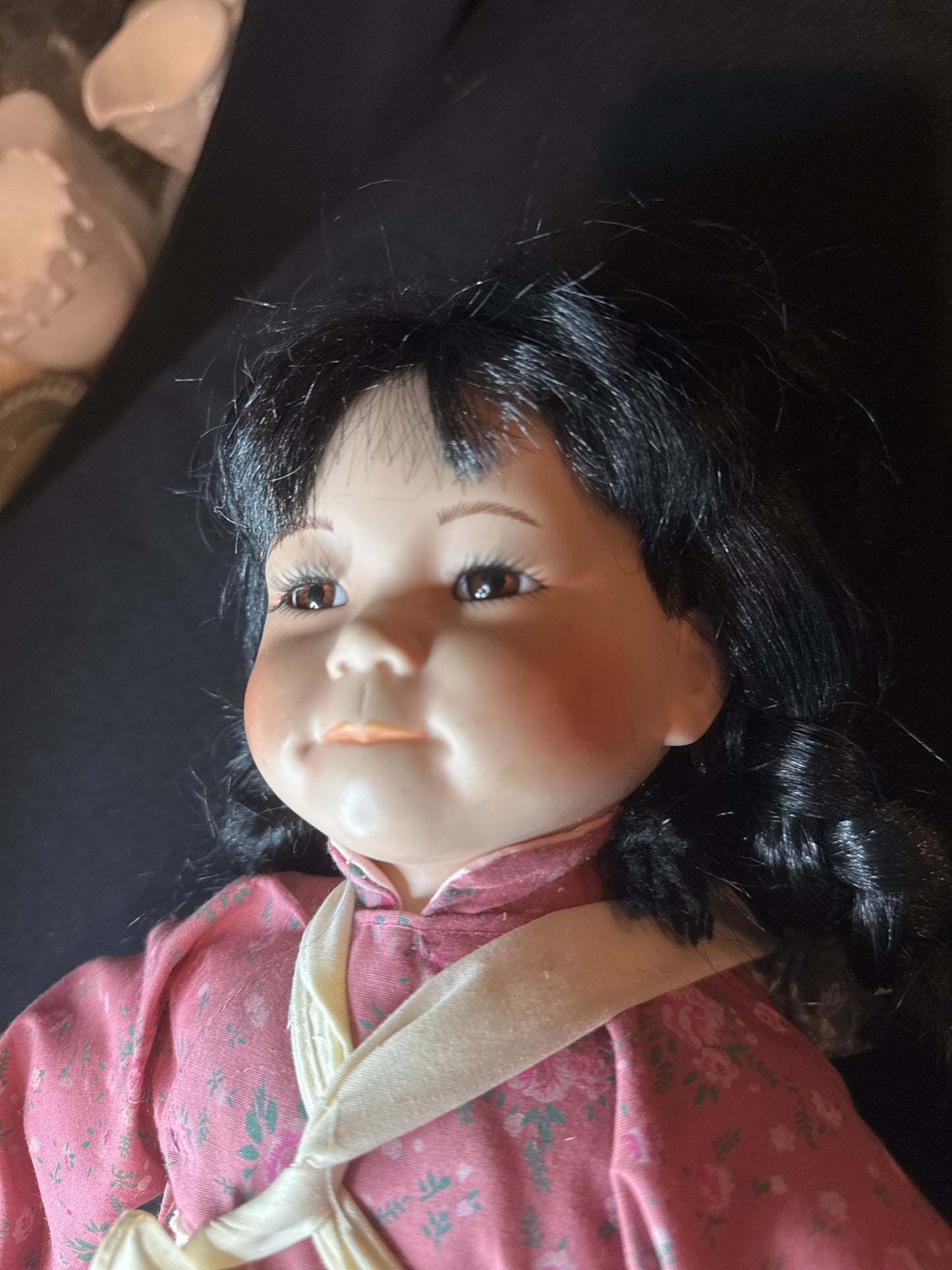 Asian Porcelain Doll with Baby Mei Mei Dynasty Doll 13" Tall 1989 With Shoes
