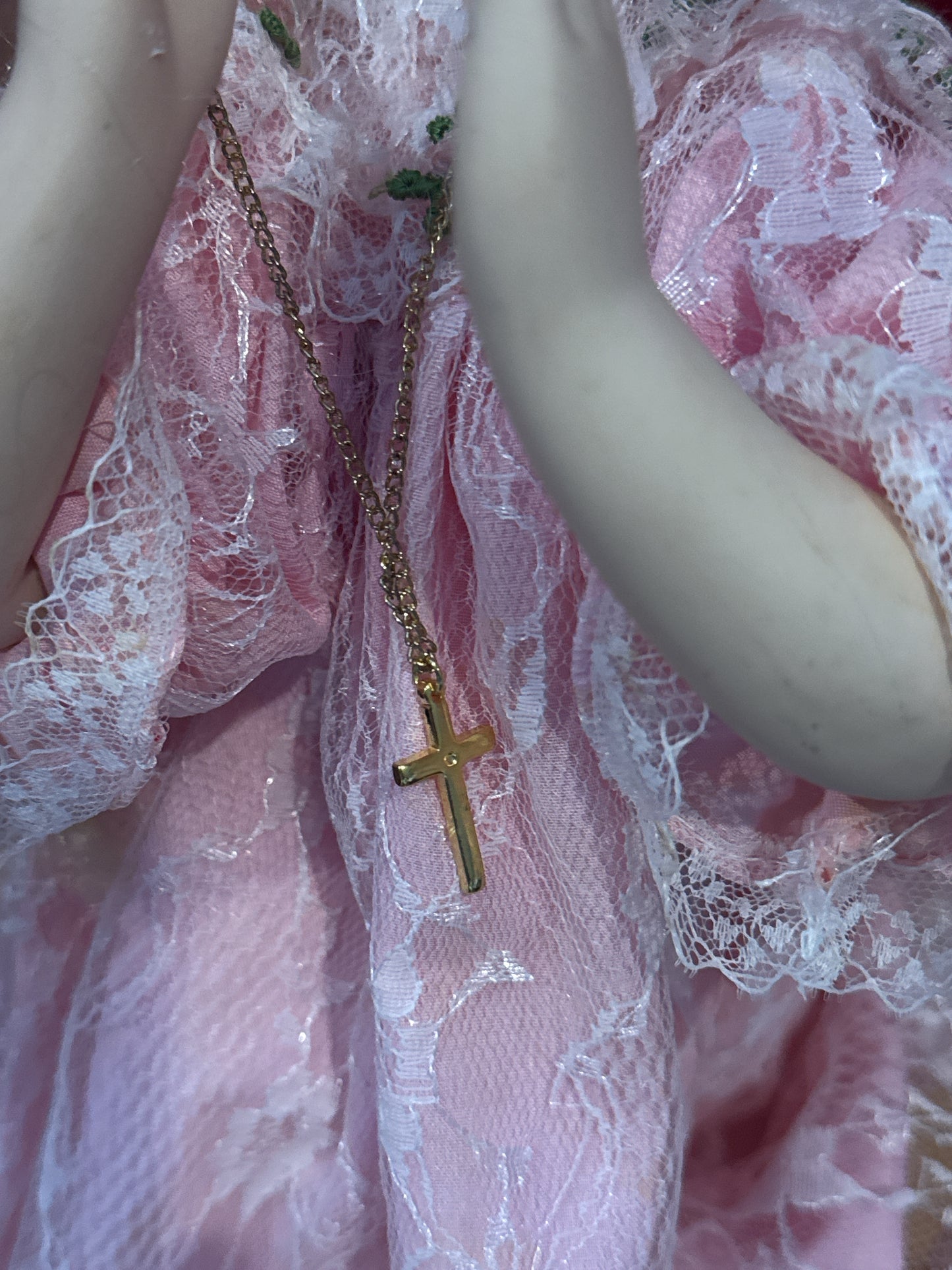 Bisque Prayer Doll 12" Tall Blonde Hair Closed Eyes Pink Dress w/ Faux Gold Necklace Cross