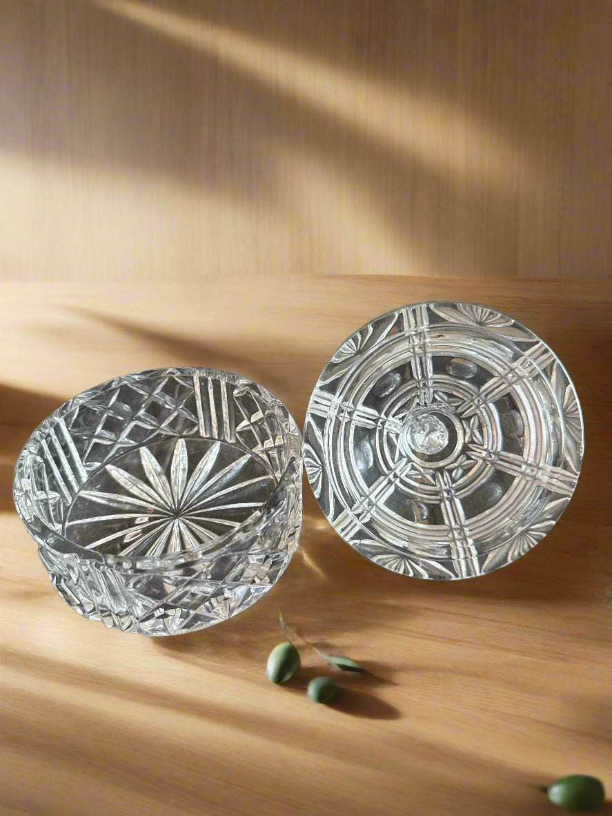 Vintage Hand Cut Crystal Bon Bon Dish Trinket Dish Glass Bowl w/ Lid 1.5" Tall Container 4.5" Total