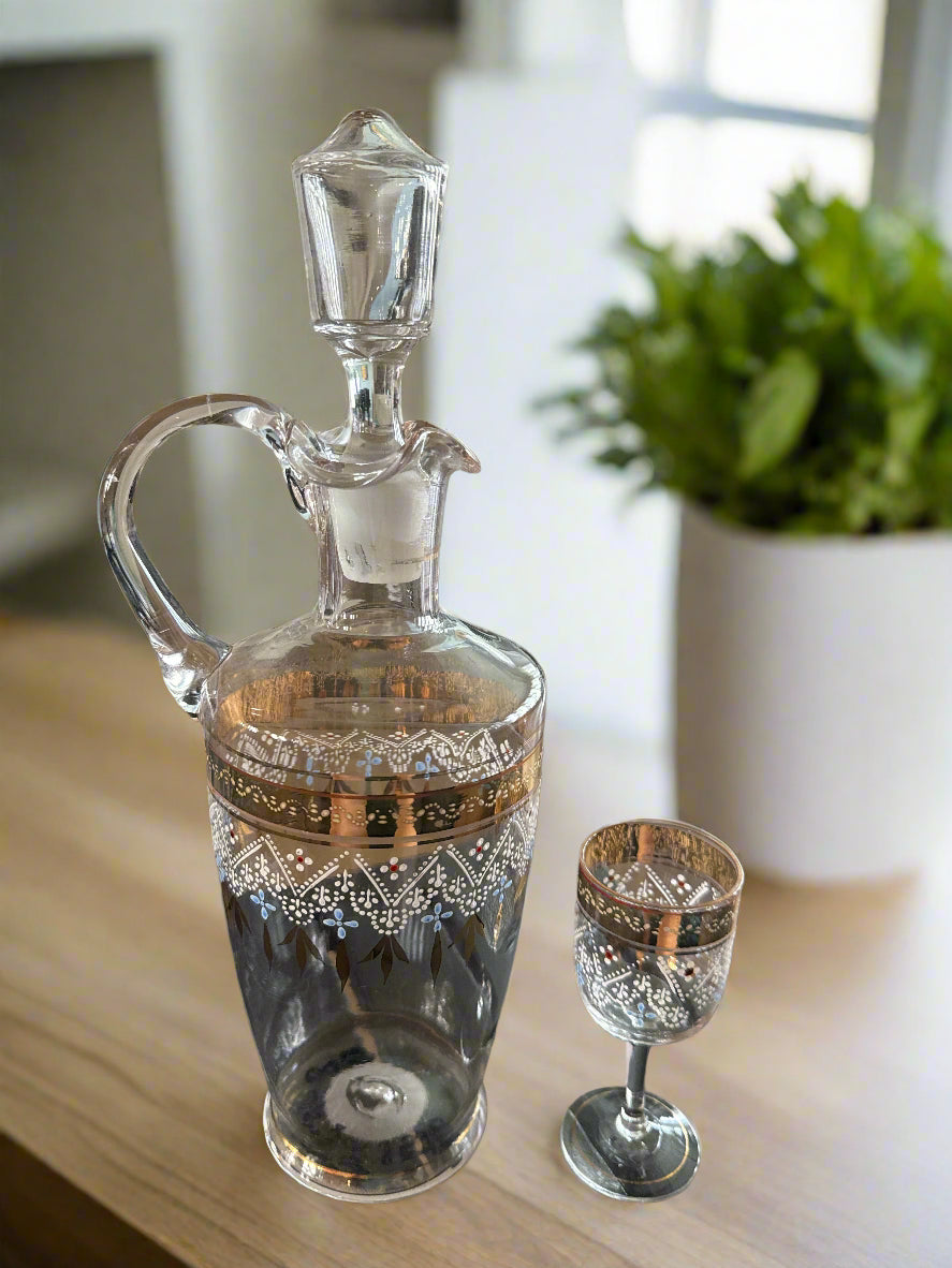 Antique Hand Blown 18th Century Painted Enameled Glass Liquor Decanter Bottle & Glass