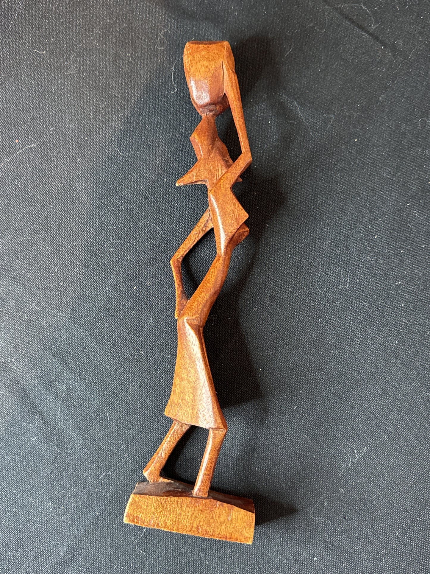 Wood Carved 10" Tall Statue Women Carrying Basket on Head. No Markings