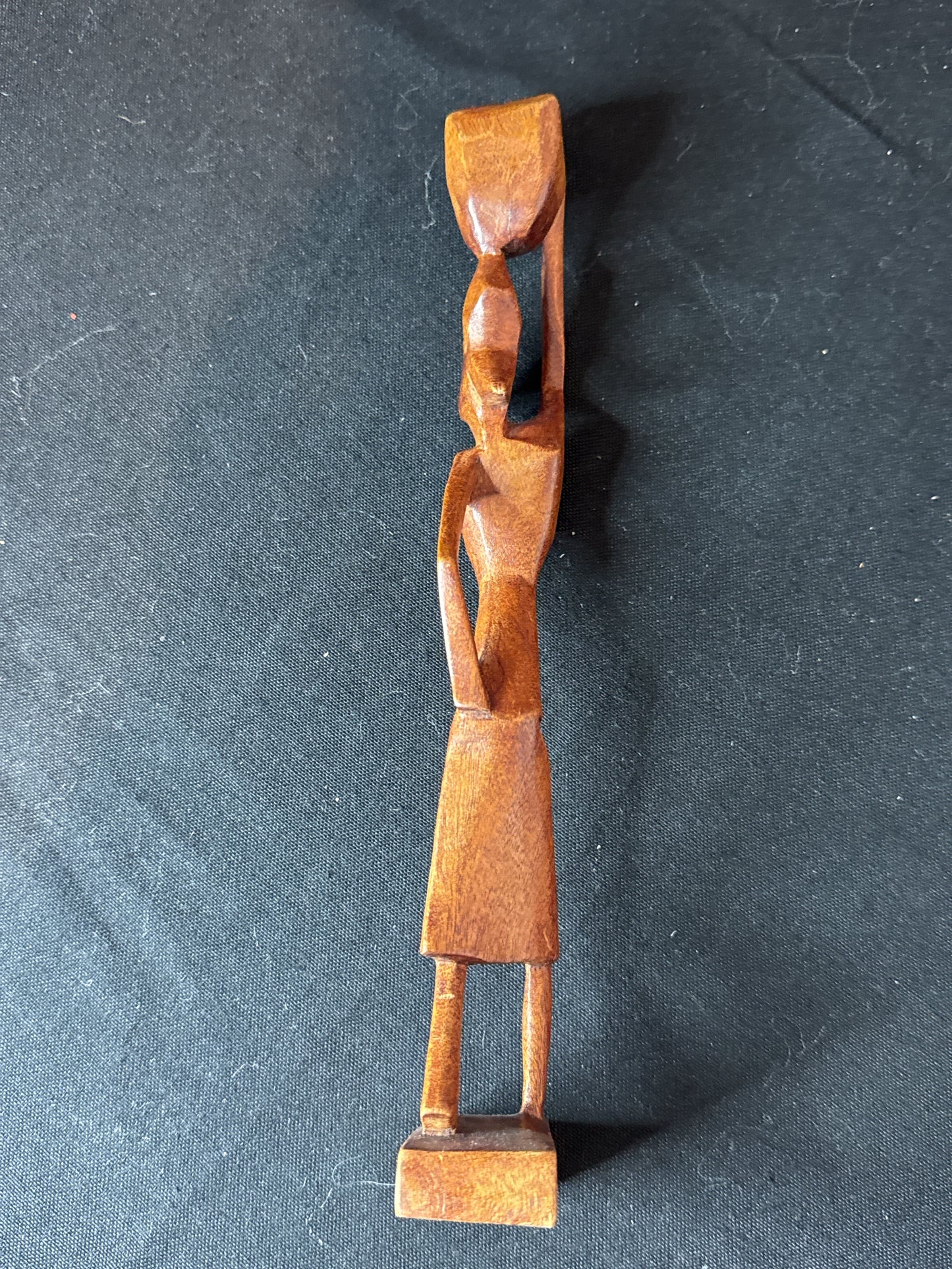 Wood Carved 10" Tall Statue Women Carrying Basket on Head. No Markings