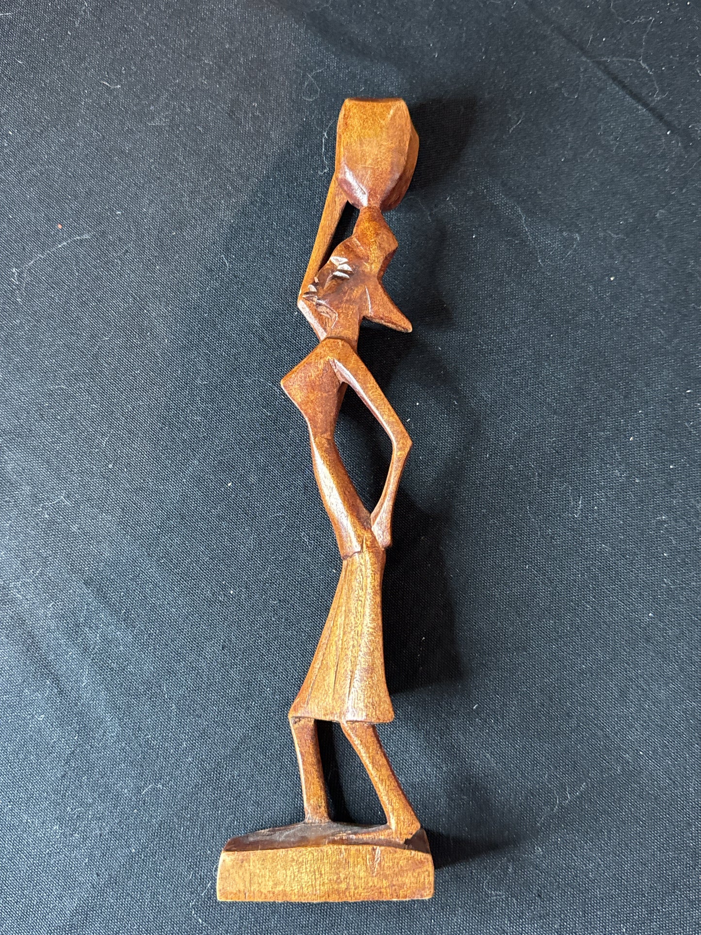 Wood Carved 10" Tall Statue Women Carrying Basket on Head. No Markings