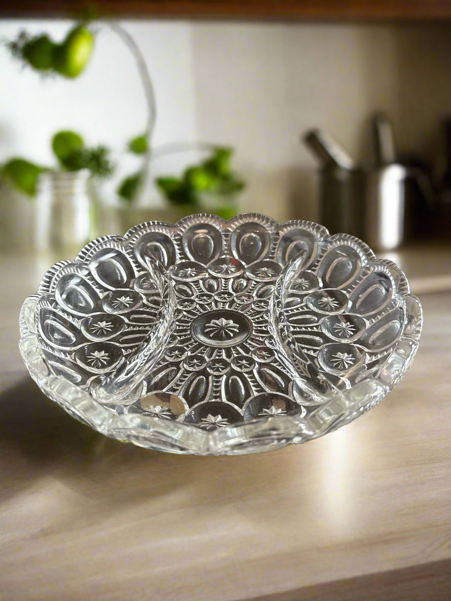 Moon & Star Pattern Glass Clear Divided Relish Dish Round 8.25" Wide LE Smith