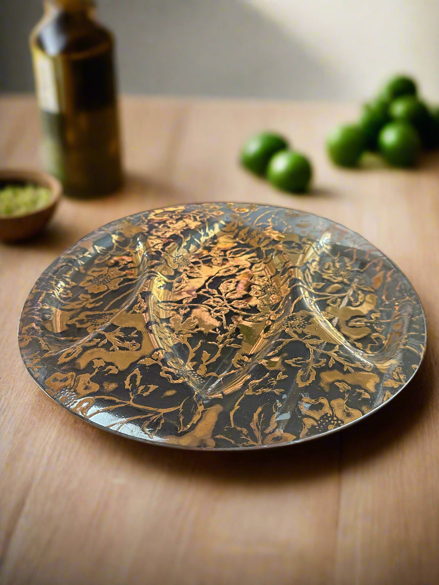 Vintage Clear Divided Tray w/ Gold Overlay Cherry Blossom 3-Part Plate 14" Wide