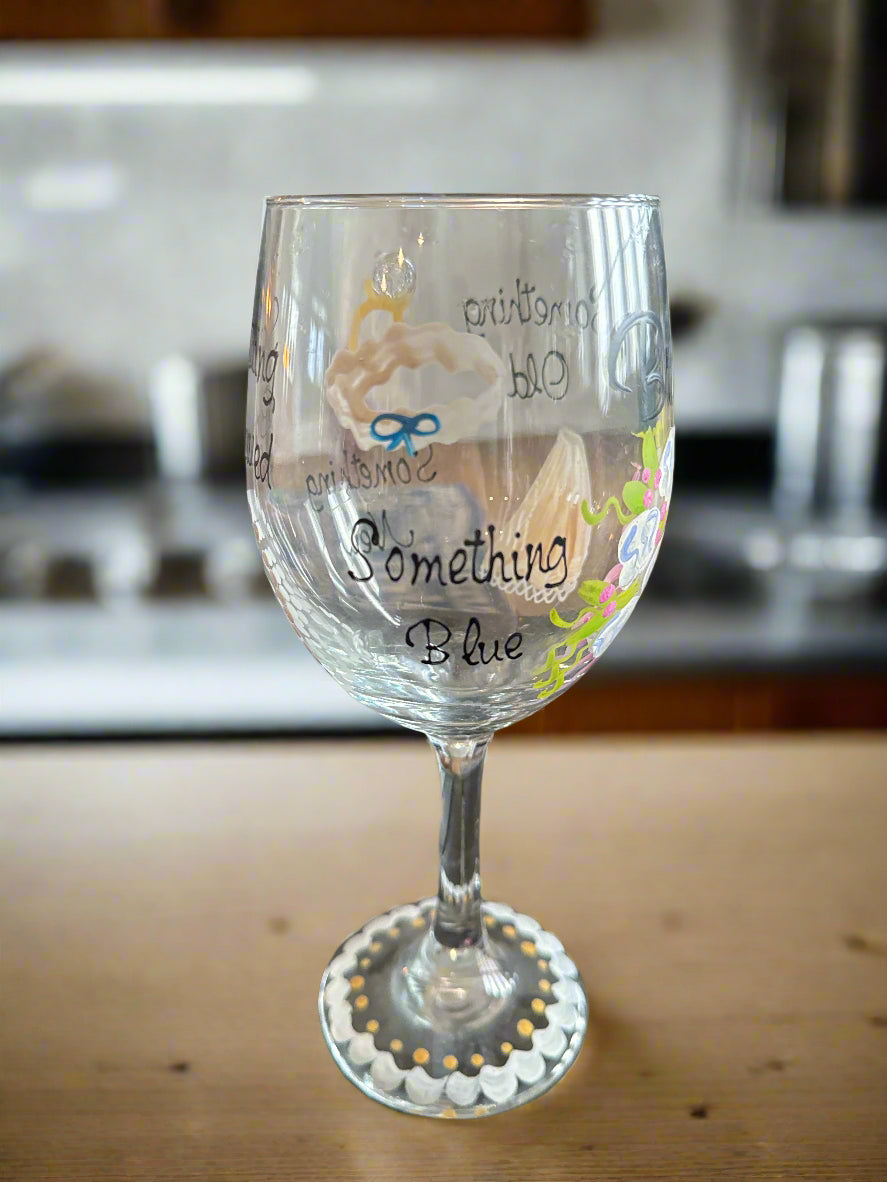 Hand Painted Bride, Something Old, New, Borrowed, Blue Wine Glass 8.75" Tall
