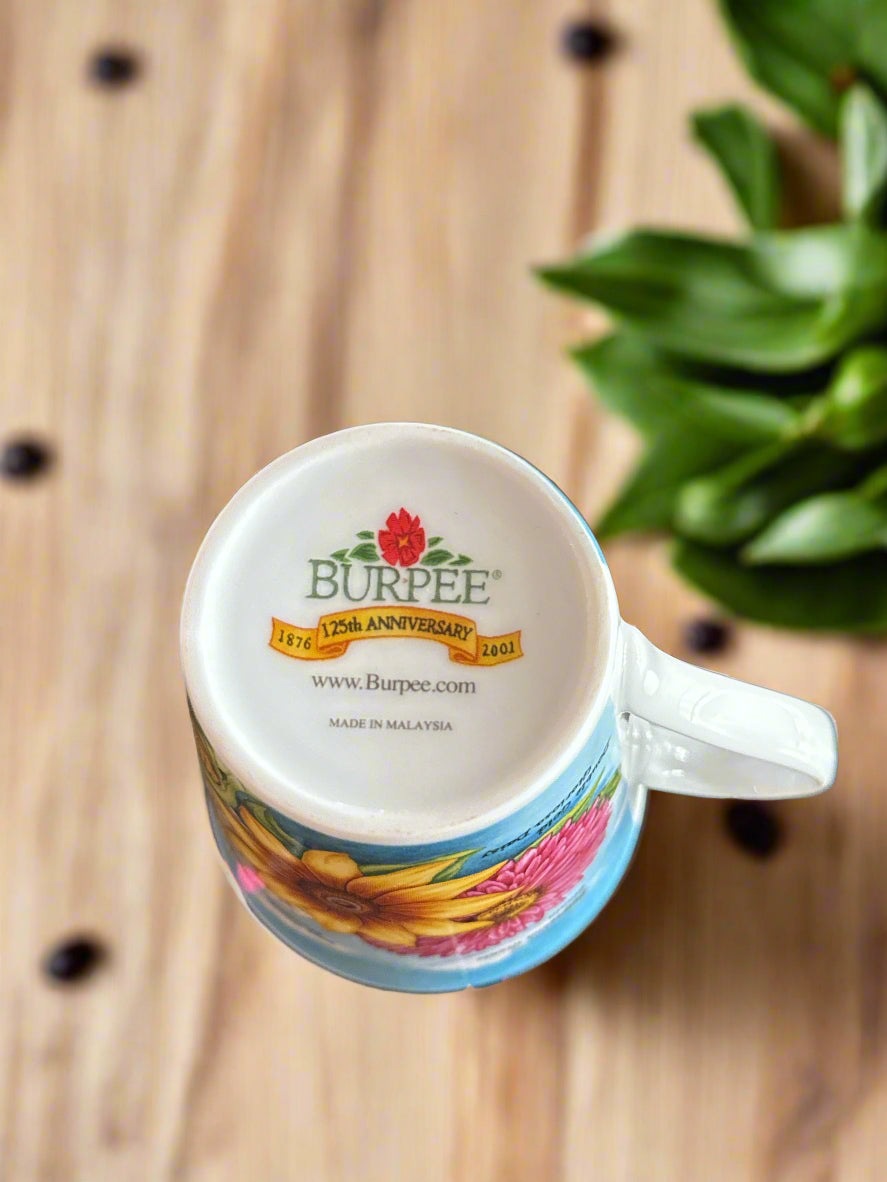 Burpee 2001 125th Anniversary Coffee Cup Mug Flowers Corn Lettuce 4 3/8" Tall
