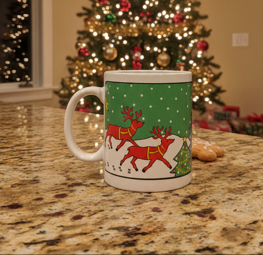 Vintage Christmas Scene Reindeer Coffee Mug Village Christmas Tree 4" Tall
