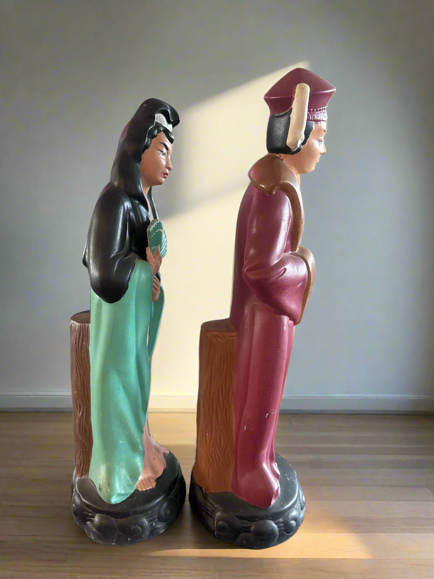 Vintage Chinese Immortal Figural Man & Woman Pottery Sculptures Pair 21" Tall