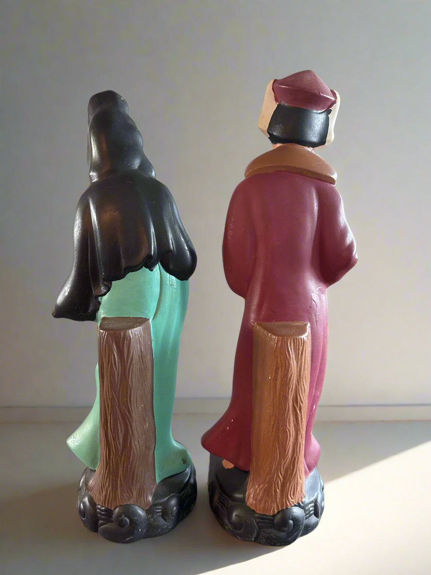 Vintage Chinese Immortal Figural Man & Woman Pottery Sculptures Pair 21" Tall