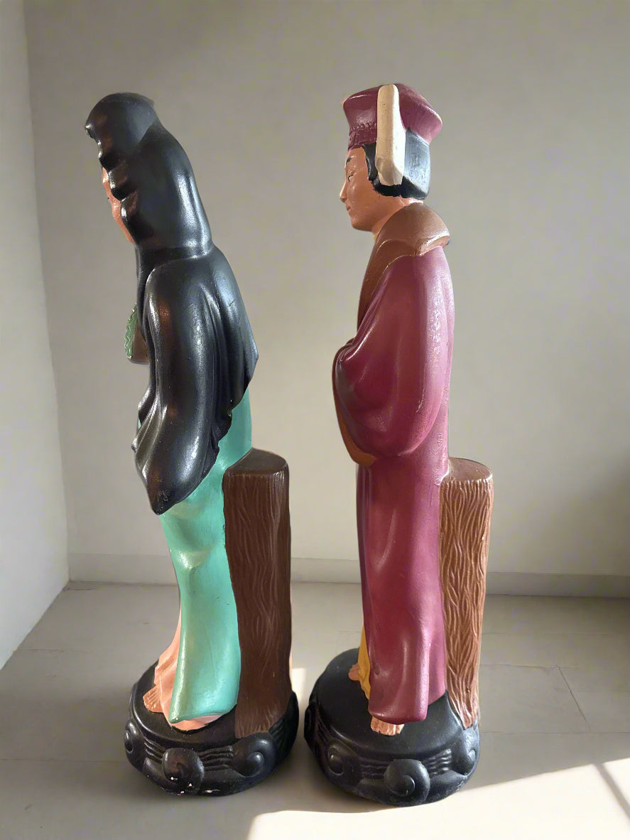 Vintage Chinese Immortal Figural Man & Woman Pottery Sculptures Pair 21" Tall
