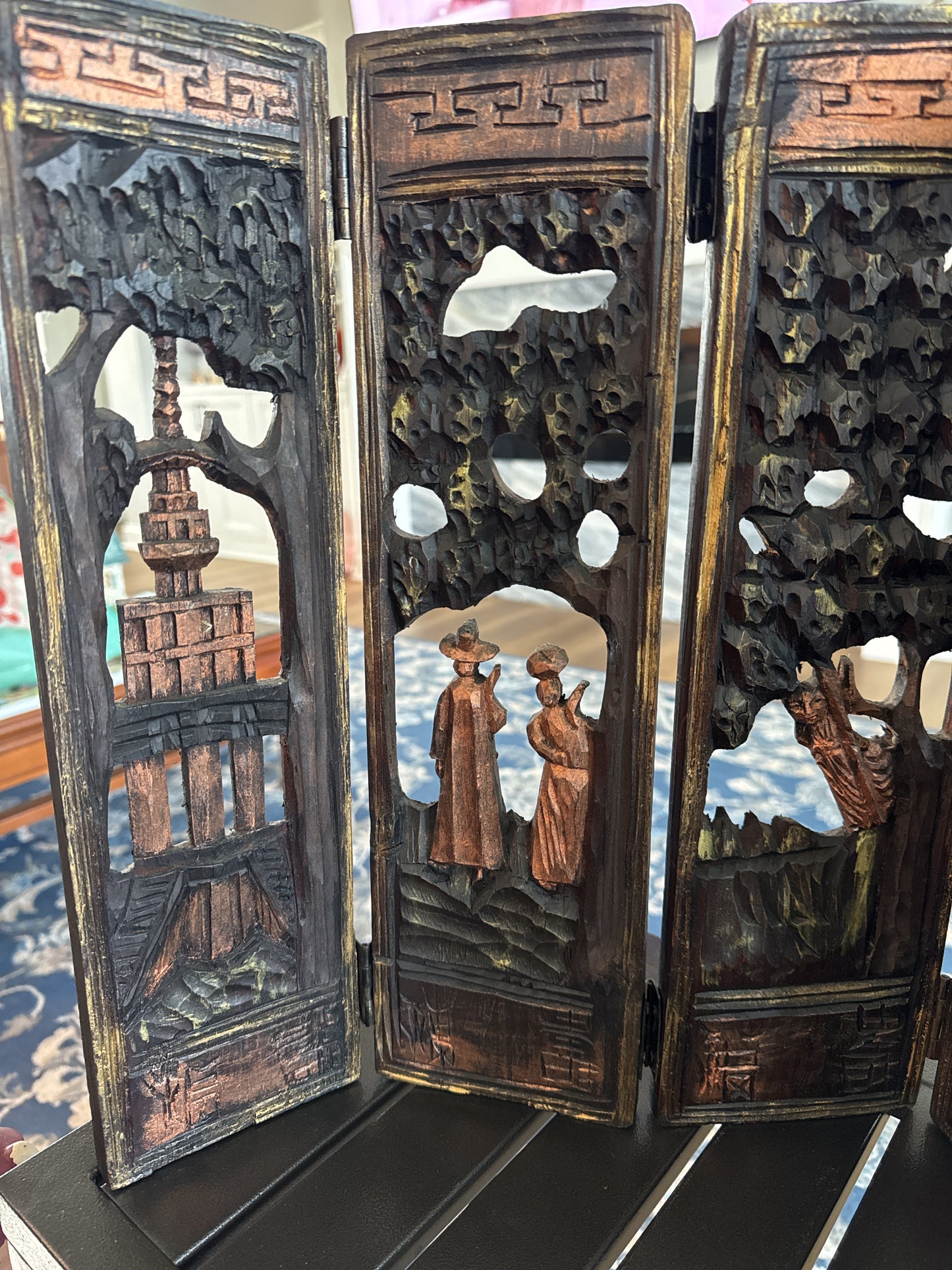 Antique Carved Wooden Folding Table Top Screen Six Paneled Hinged Asian Scenes 15" Tall