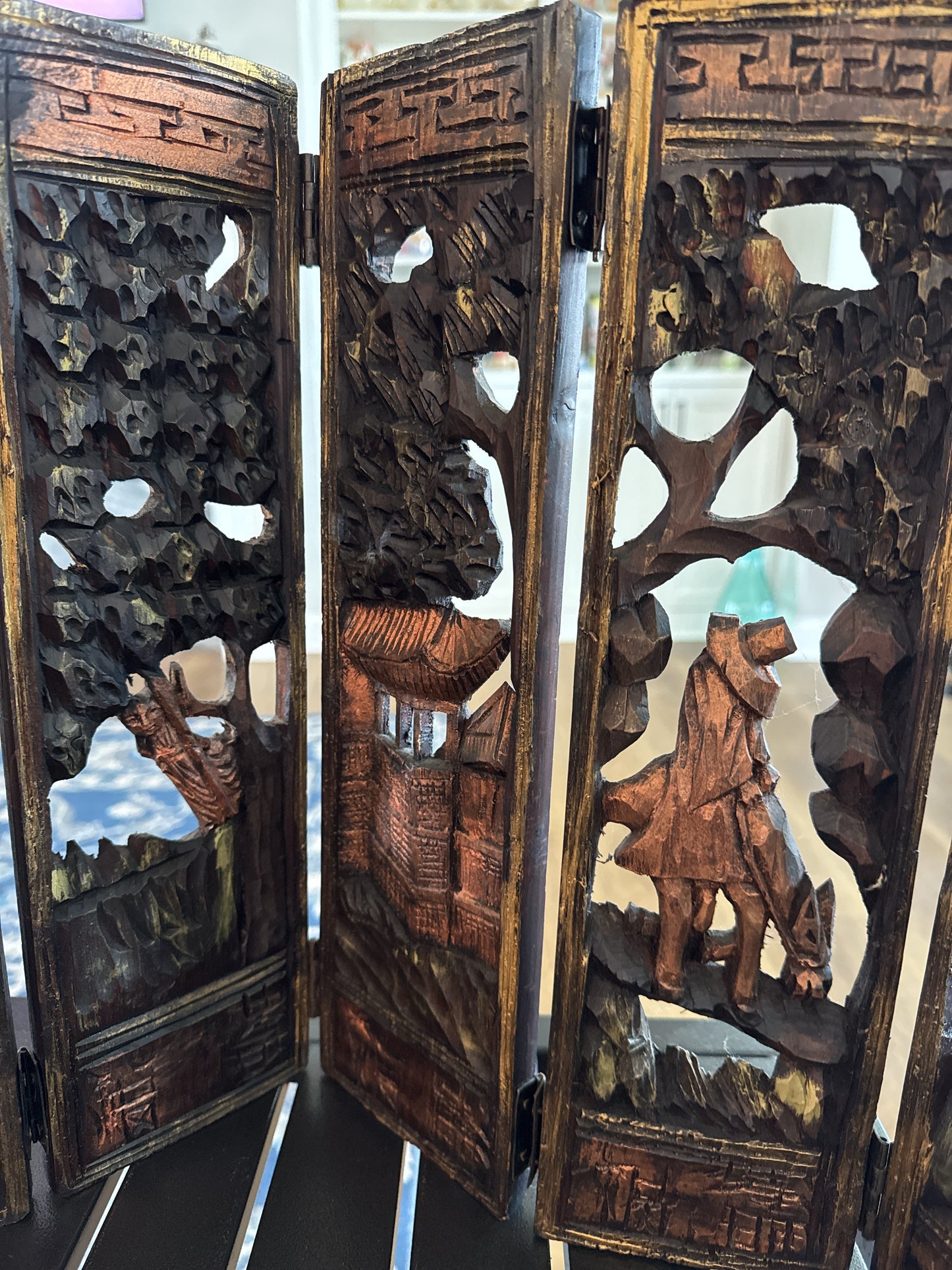 Antique Carved Wooden Folding Table Top Screen Six Paneled Hinged Asian Scenes 15" Tall