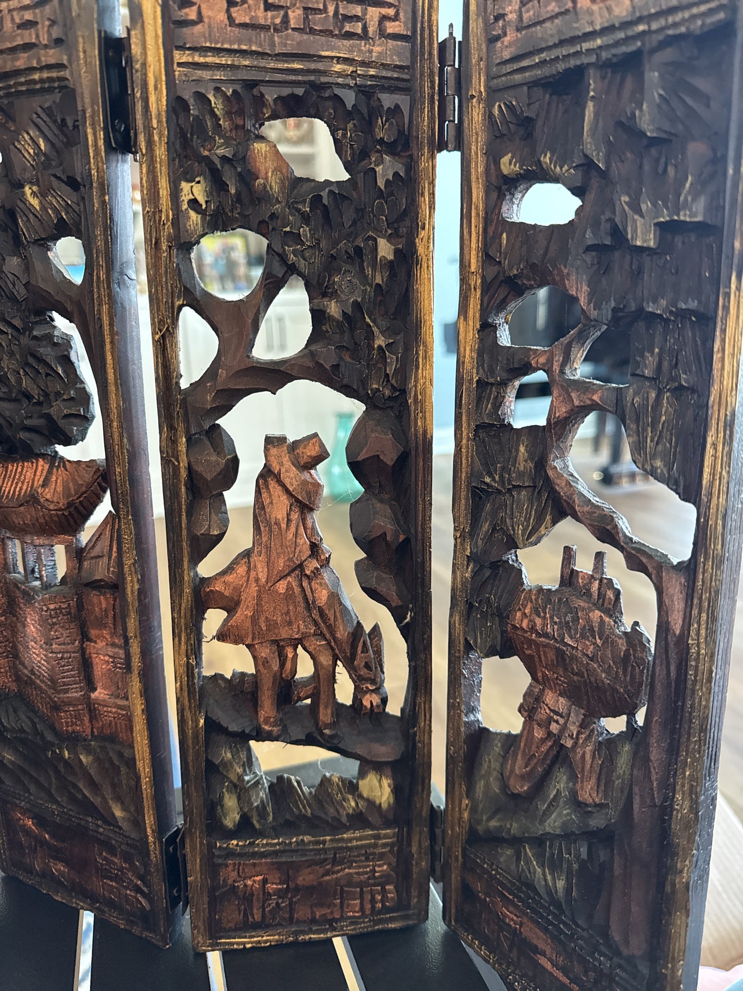 Antique Carved Wooden Folding Table Top Screen Six Paneled Hinged Asian Scenes 15" Tall