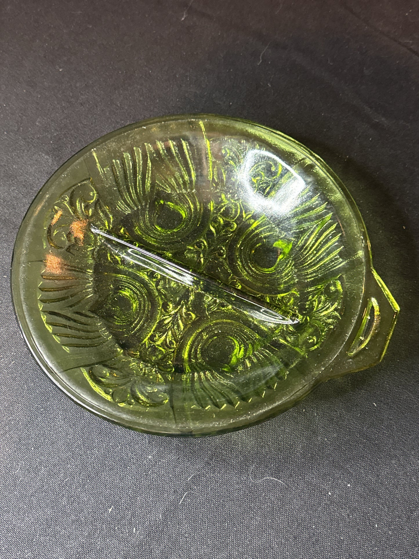 Vintage Indiana Glass Avocado Green Divided Relish Candy Dish 7.5" Wide