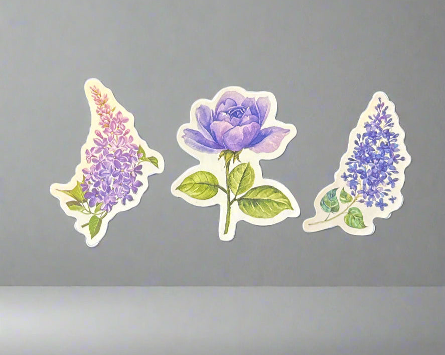 Purple Flowers Stickers (3) Perfect Condition Approx 2-3" In Size
