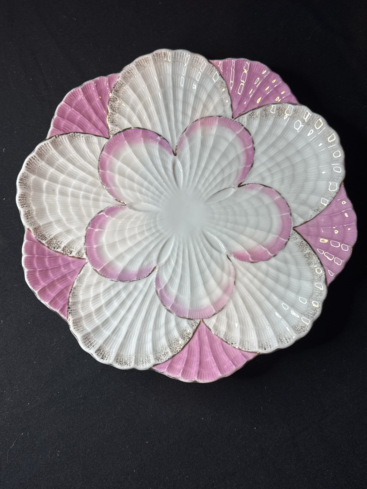 Antique Plate Pink White with Gold Trim Scalloped Edge 10.75" Wide