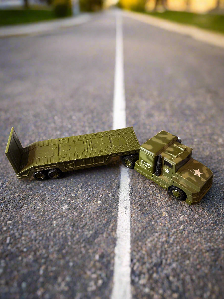 Vintage Toy Military Army Truck Hauler Flat Bed Army Camouflage Vehicle Transporter 12"