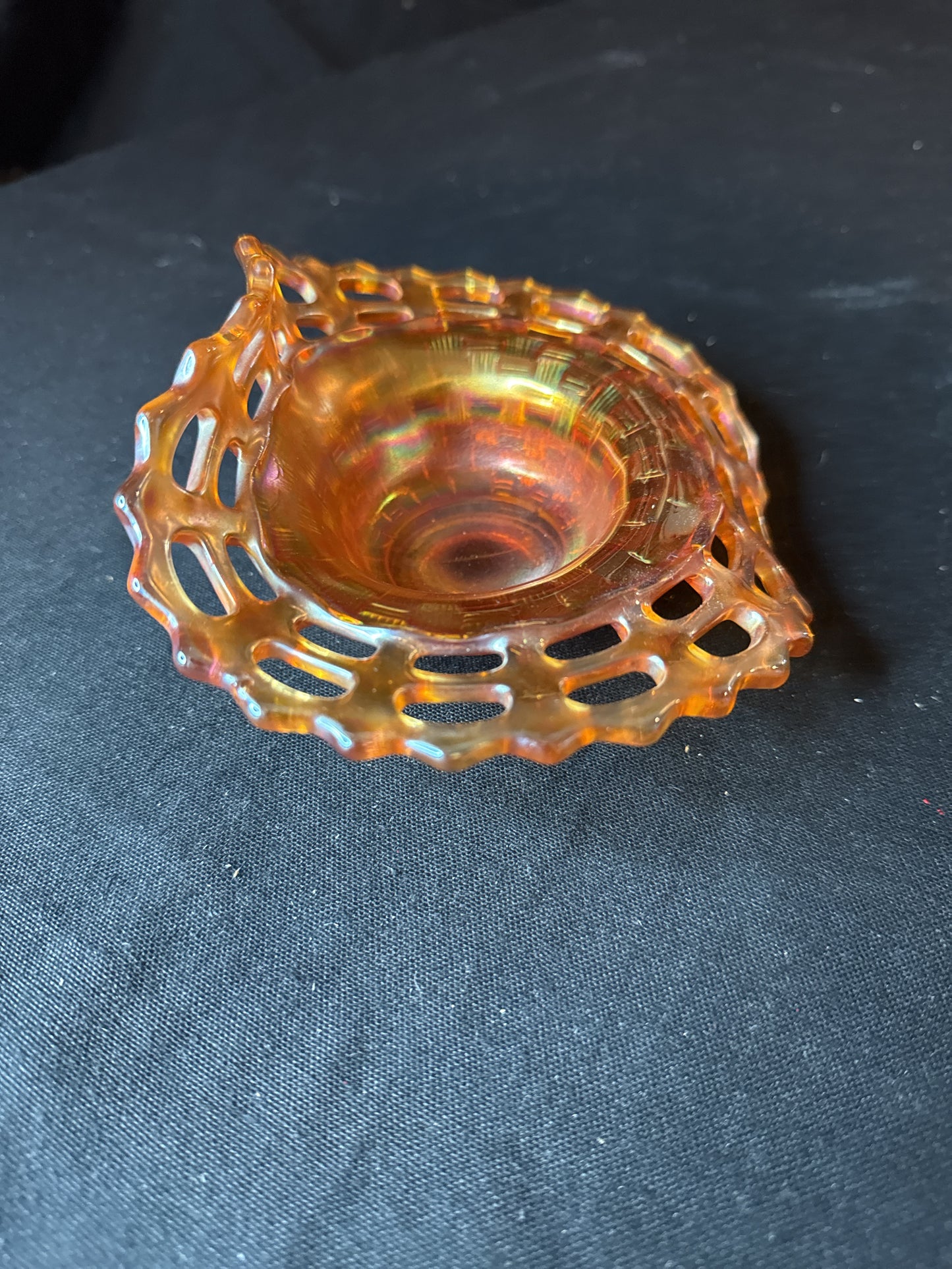 Fenton Carnival Glass Marigold Open Lace Bowl w/ Curved Edge Basket Weave Pattern 6" W