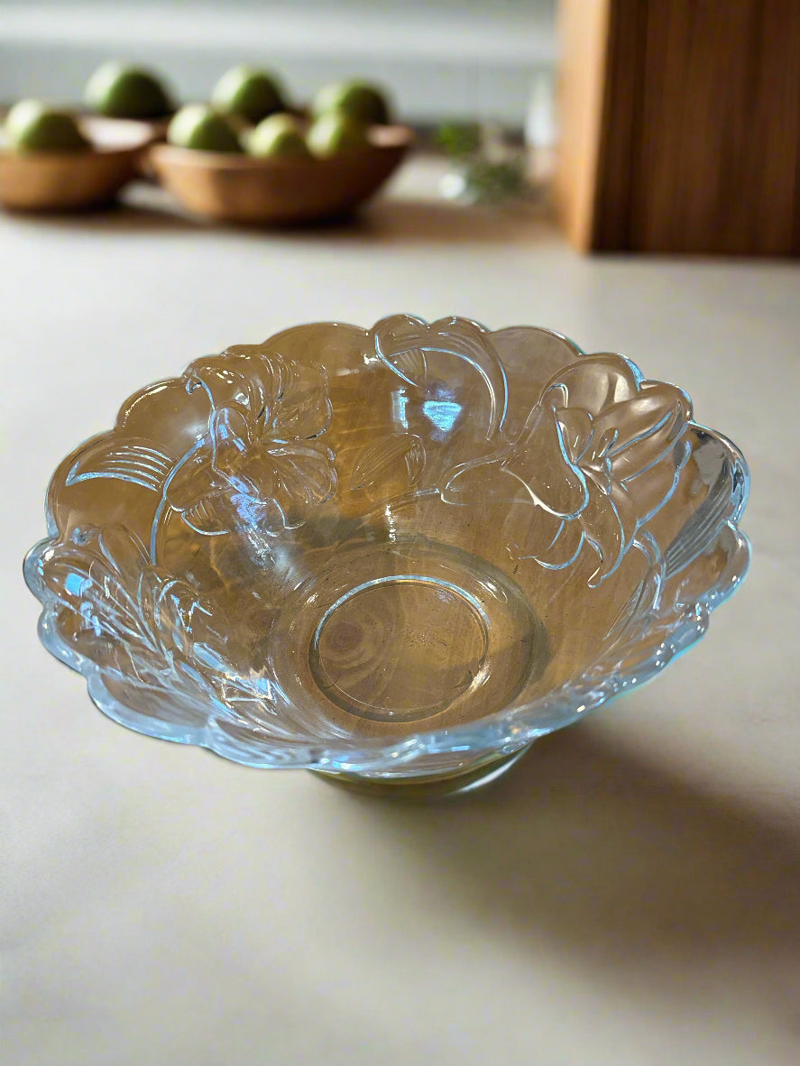 Large Clear Glass Fruit Bowl With 6 Small Fruit Cups Embossed Flowers On All